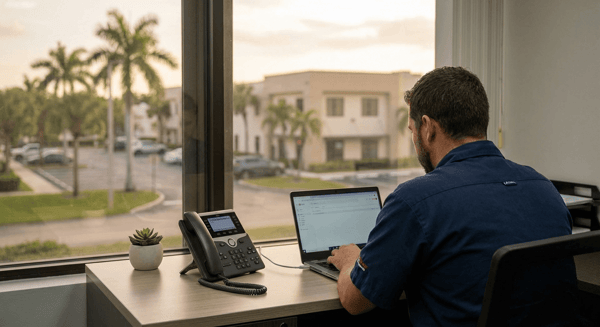 Modern office desk setup without traditional PBX phone equipment