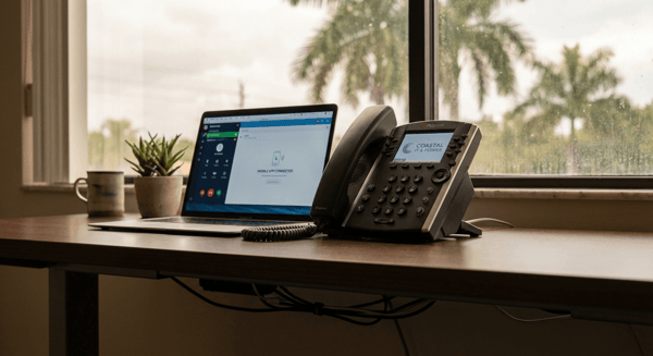 Modern VoIP desk phone next to laptop showing softphone interface