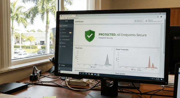 Enterprise endpoint protection dashboard showing protected status with green shield icon