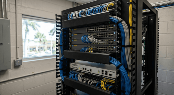 Professional network rack with enterprise-grade switches, firewall, and organized patch cables