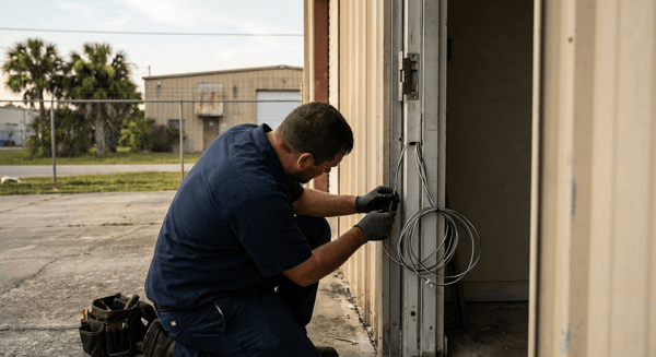 Technician installing electric strike on commercial door frame with wiring visible