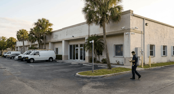 Commercial building exterior showing security cameras strategically positioned to cover entry points and parking area